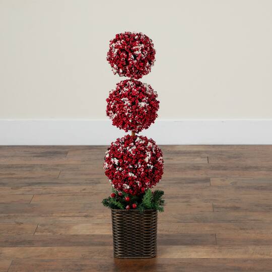 Nearly Natural 31" Artificial Christmas Snowed Holly Berry Triple Ball Topiary Tree in Decorative Planter